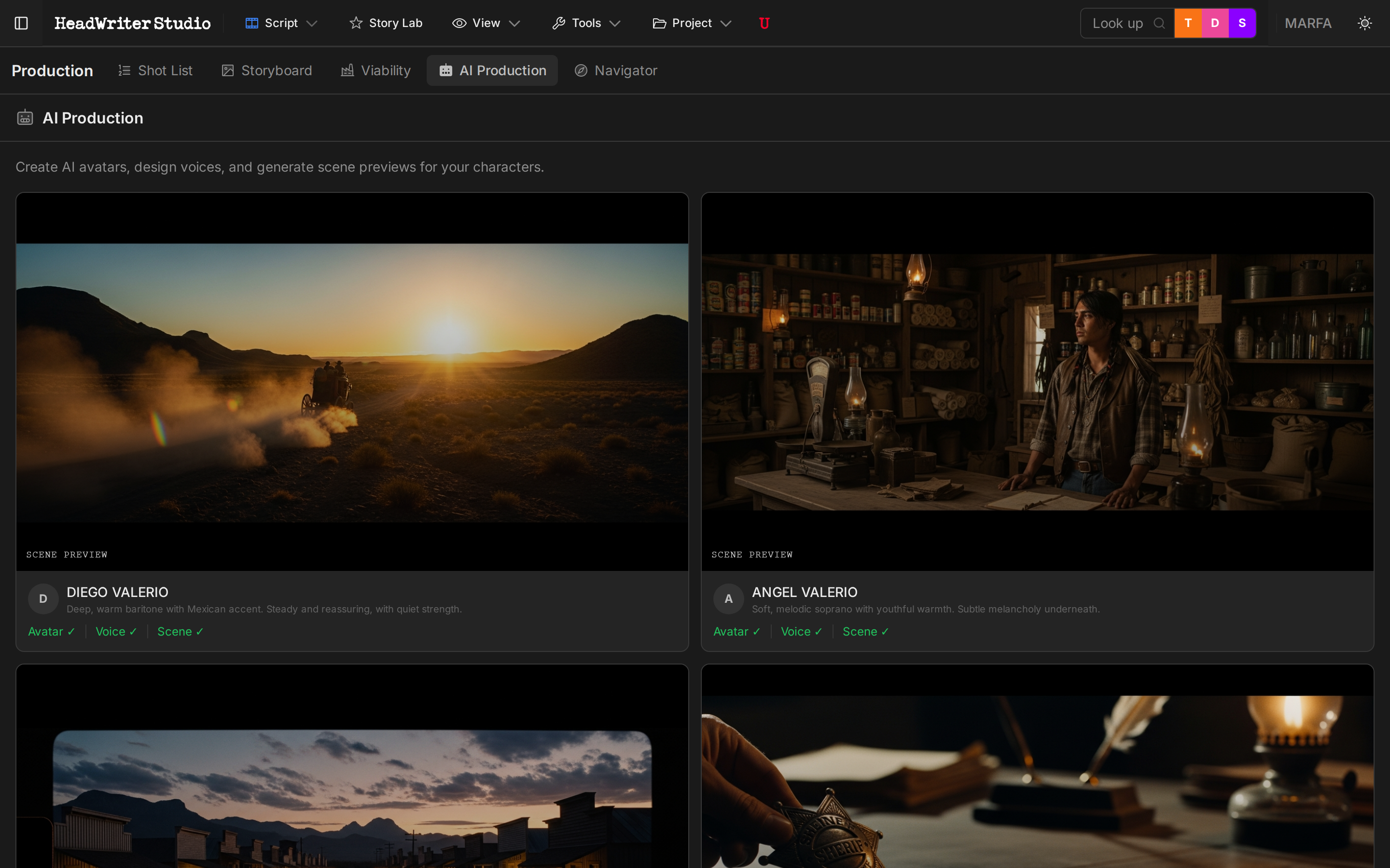 AI Production tools — character voices, scene previews, and LTX Studio export