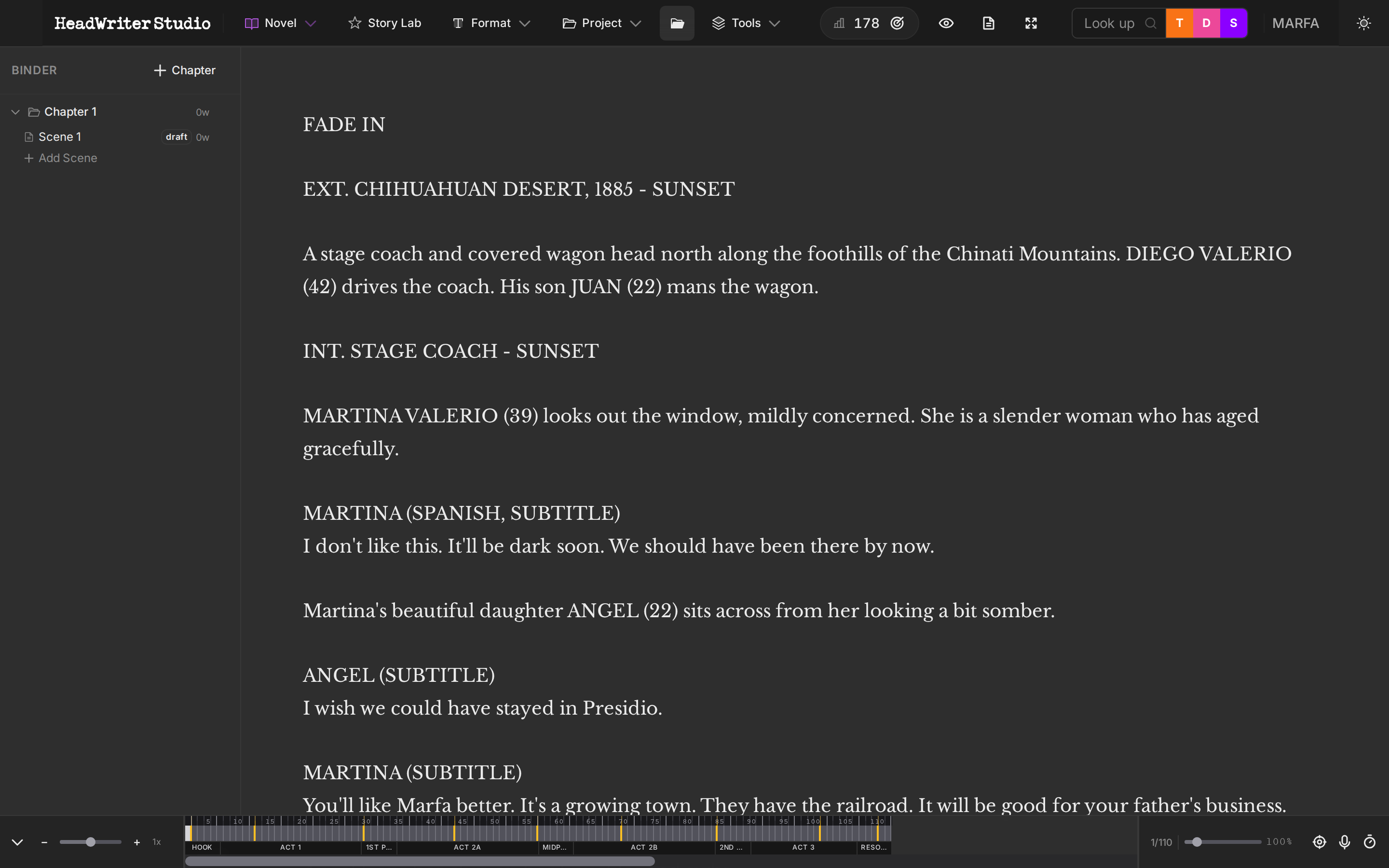 HeadWriter Studio - Novel Mode showing Marfa novel