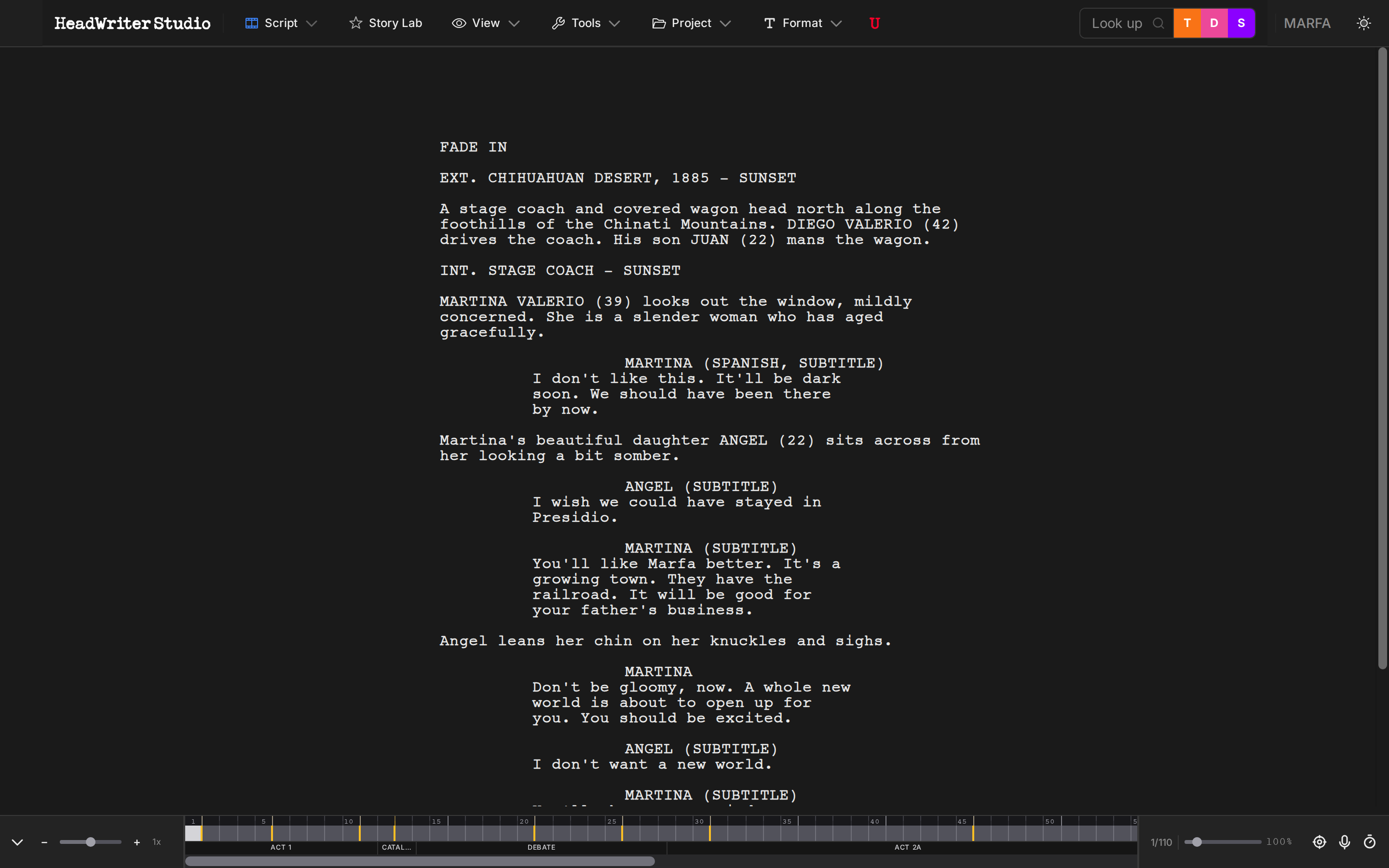 HeadWriter Studio - Script Mode showing Marfa screenplay