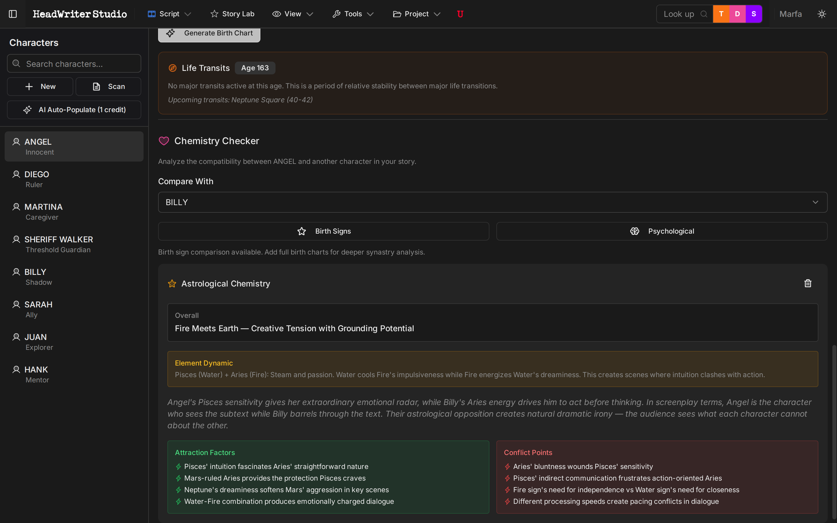 Astrological Chemistry Checker results