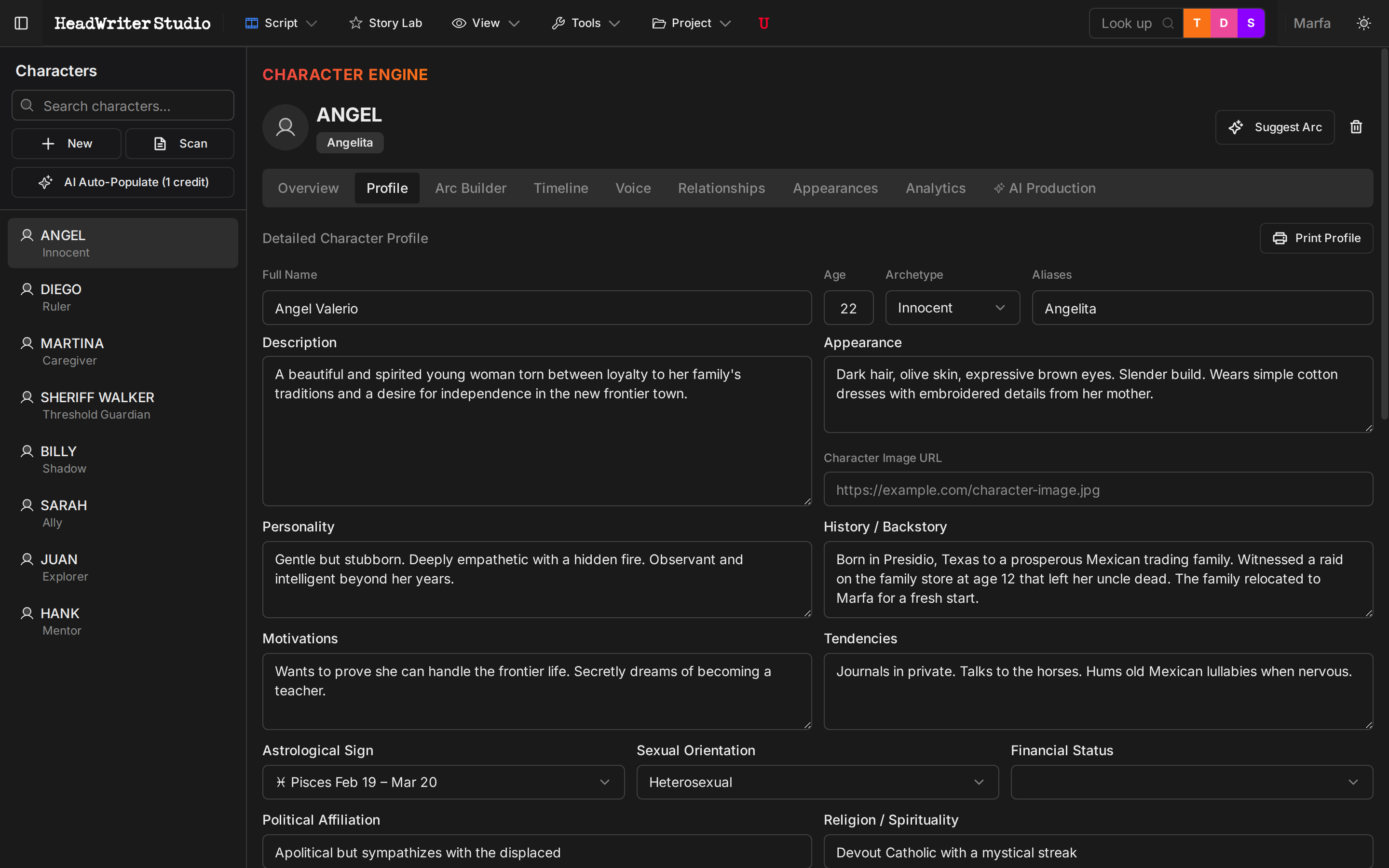Character profile with psychology and astrology