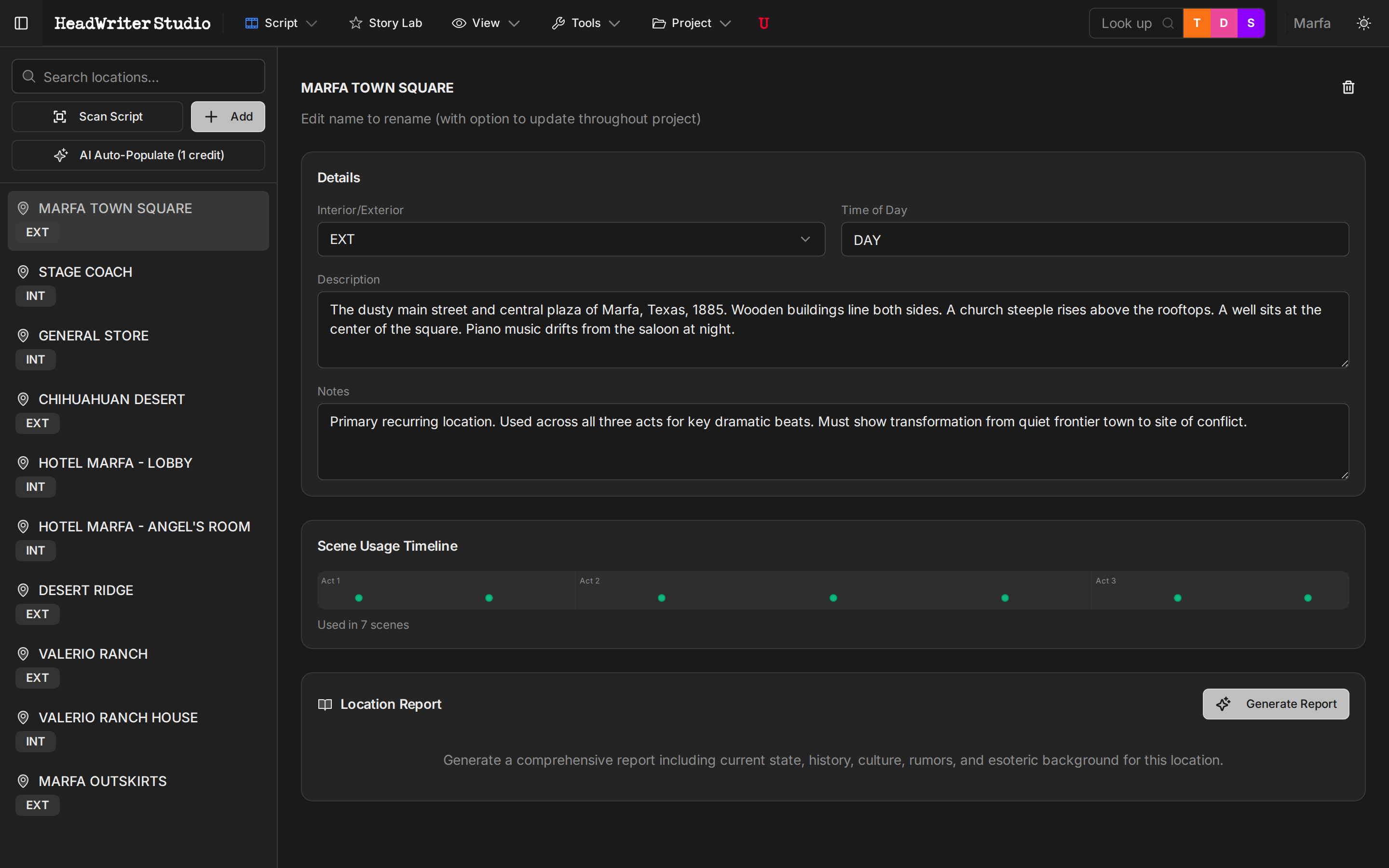 Locations module showing 10 Marfa locations with INT/EXT badges, descriptions, scene usage timeline, and AI location reports