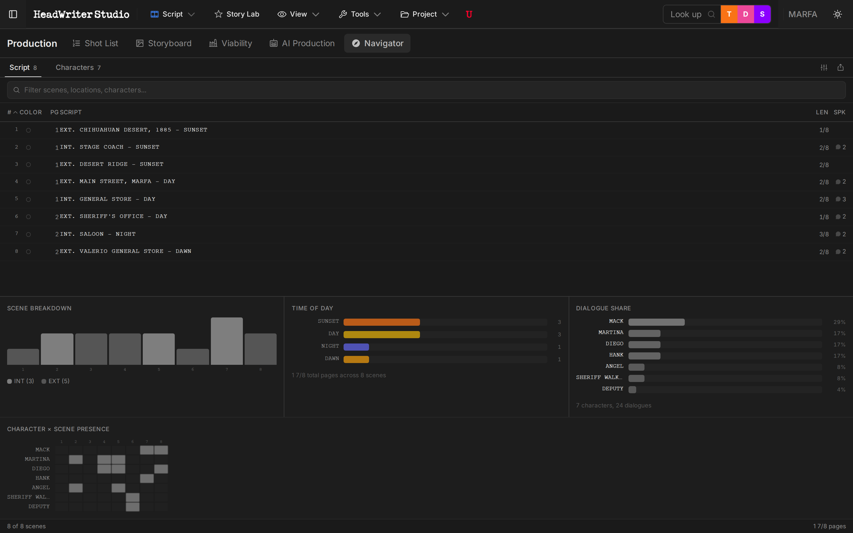 Script Navigator spreadsheet view with scene data and character arc columns