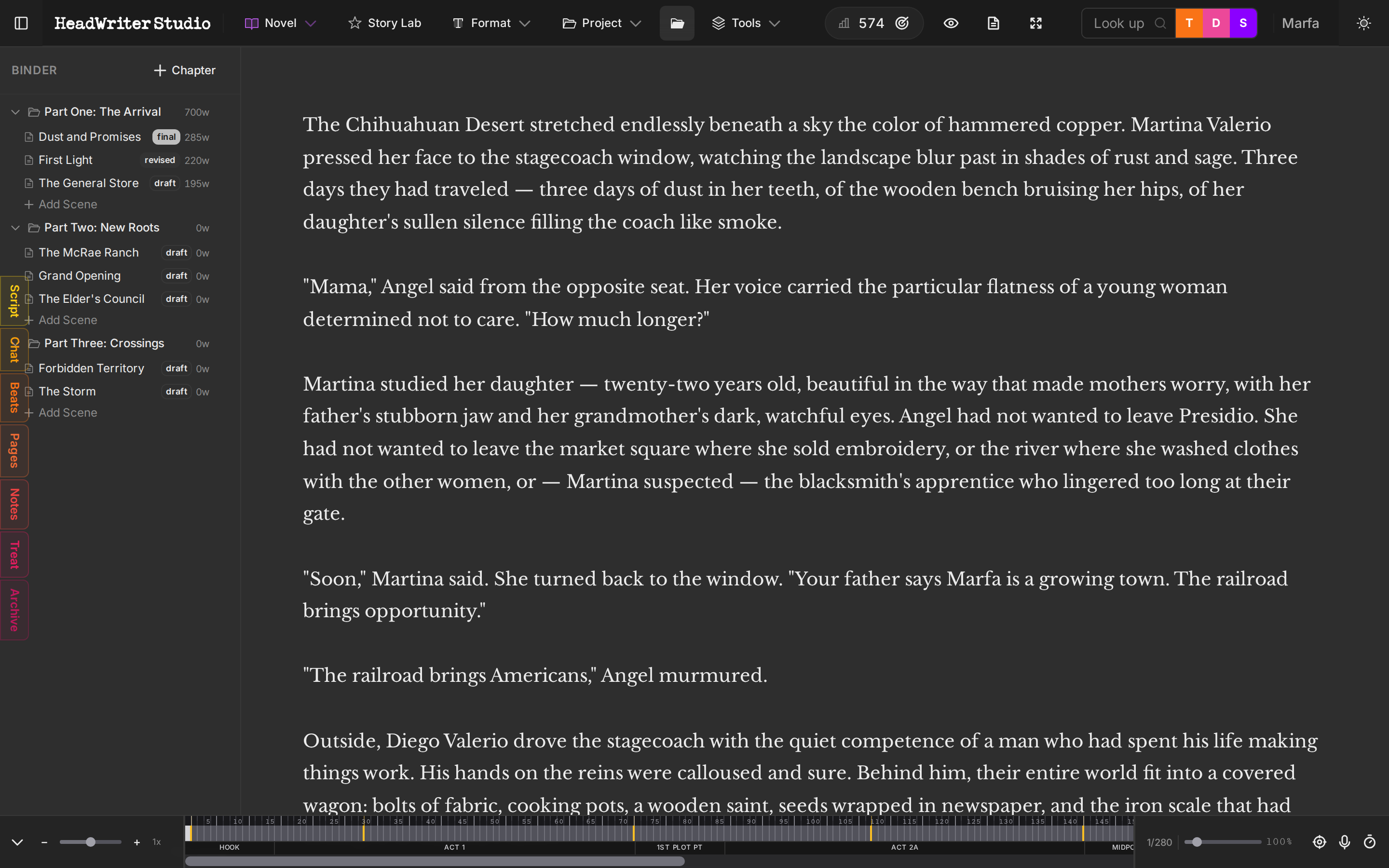 HeadWriter Studio Novel Mode showing Marfa novel manuscript with chapter binder sidebar, scene status badges, word counts, and rich prose editing in dark theme