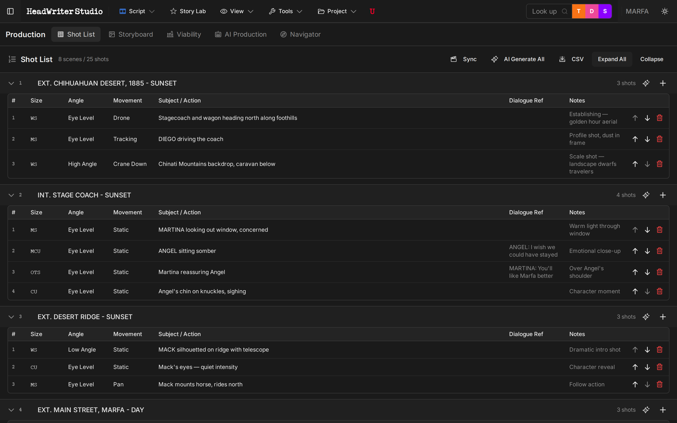 Shot List showing Marfa screenplay with WS, MS, CU, MCU, OTS shots organized by scene with camera angles and movements