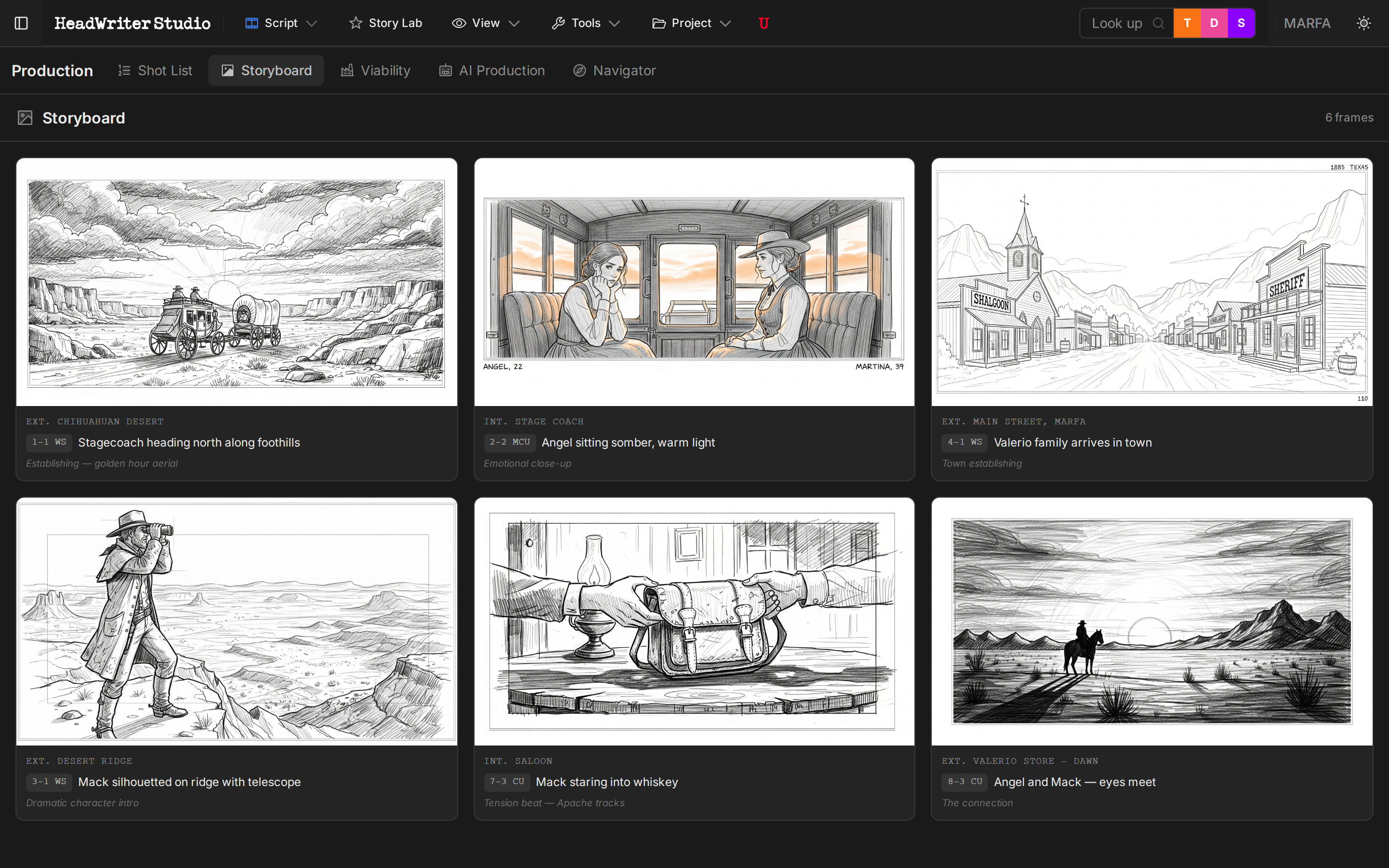 Storyboard showing pencil-sketch frames for Marfa screenplay scenes with shot labels and director notes