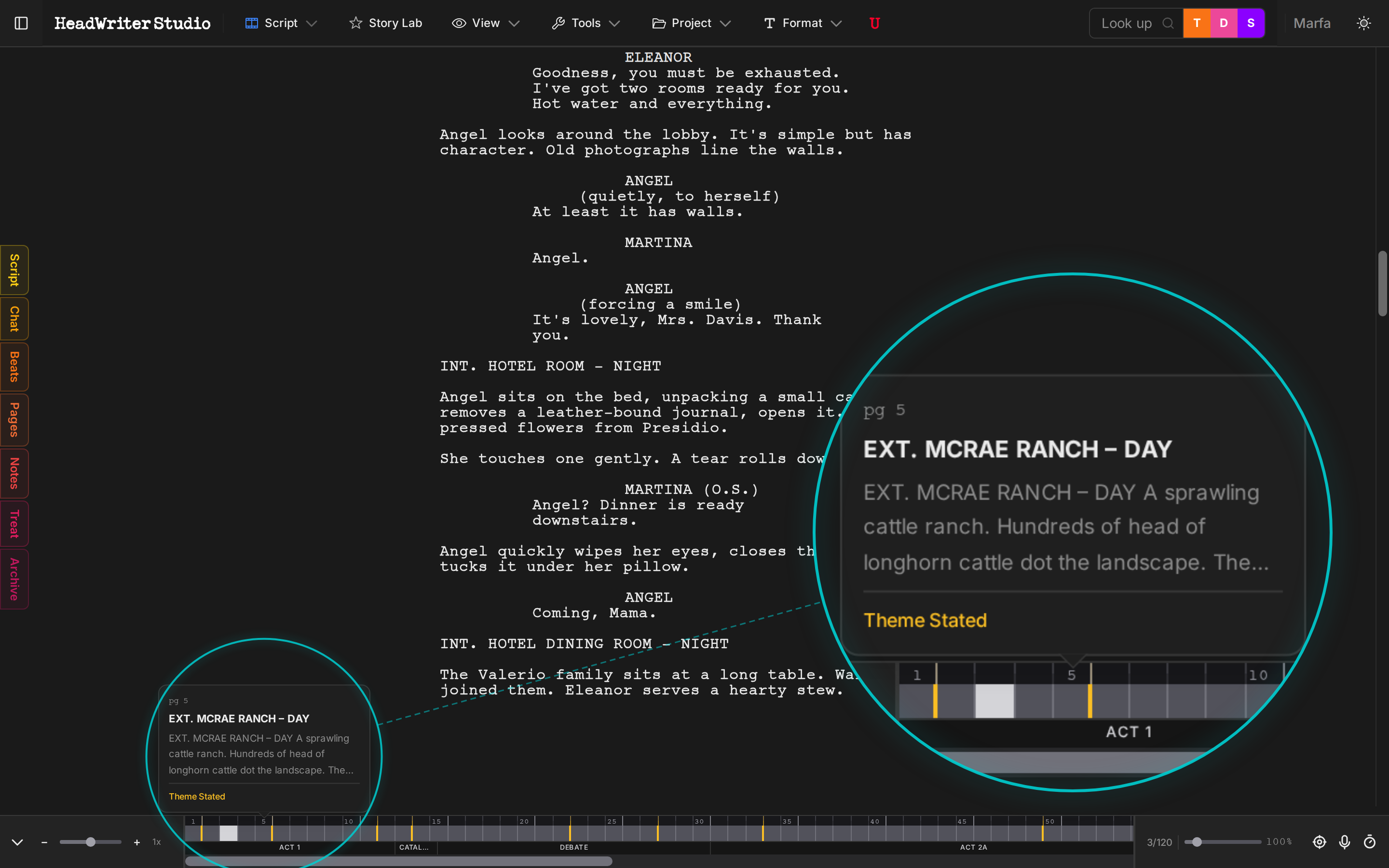 Script Timeline showing Marfa screenplay with a magnifying glass detail view of the timeline bar, revealing scene heading EXT. MCRAE RANCH, preview text, Theme Stated beat label, and page block structure