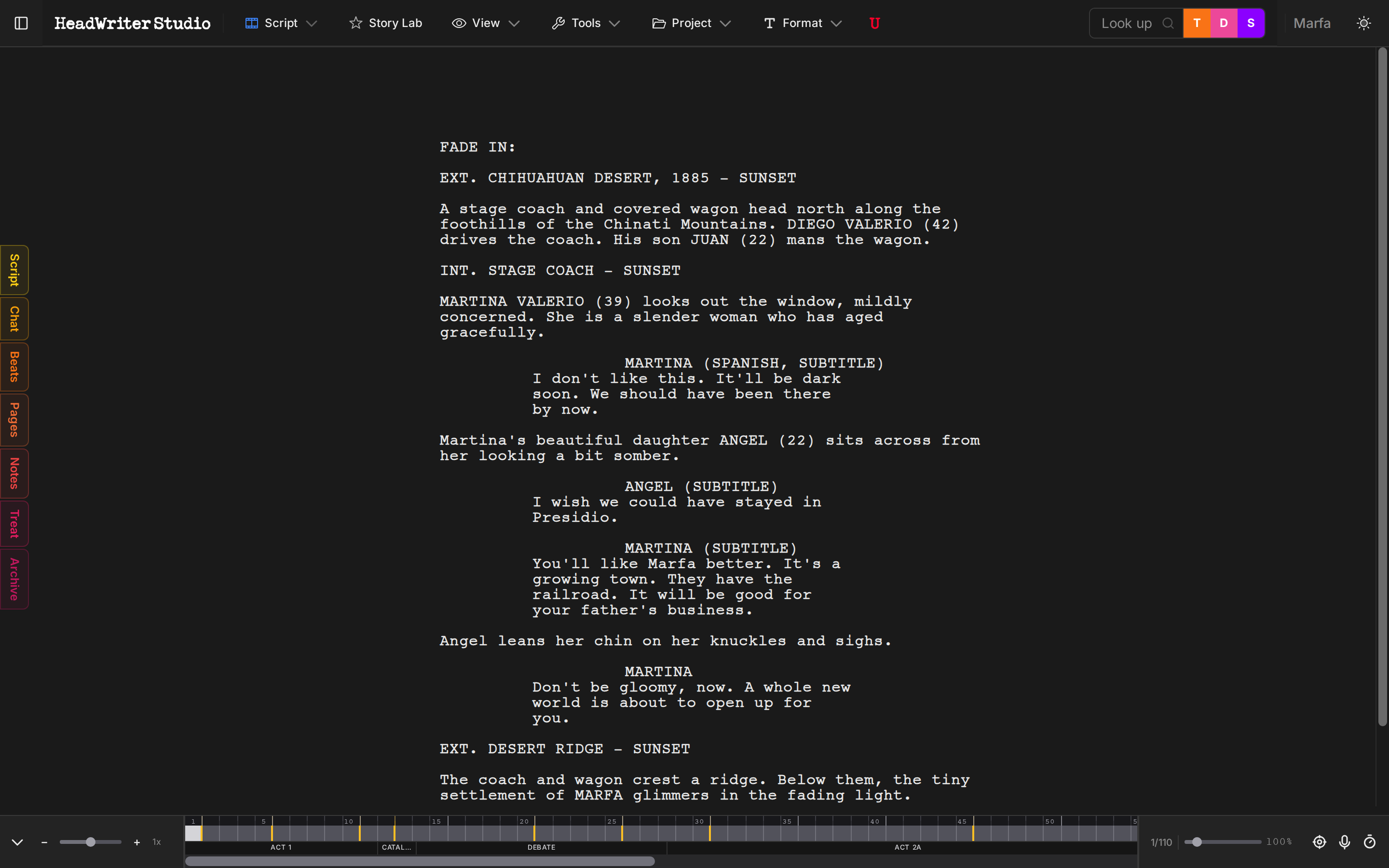 HeadWriter Studio - Script view showing Marfa screenplay with full toolbar, sidebar tabs, and story timeline