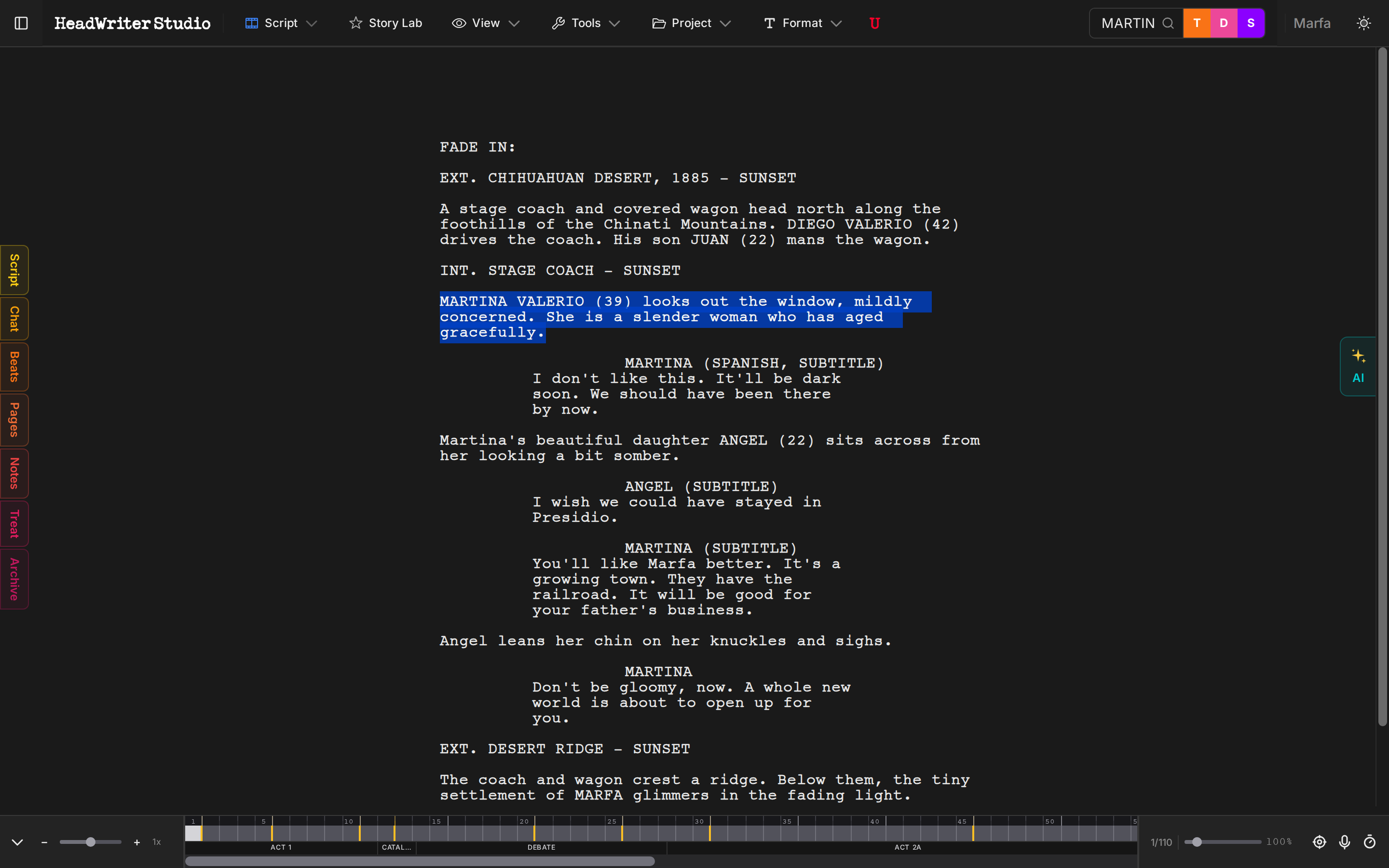 HeadWriter Studio - Text selected in script with floating AI button visible
