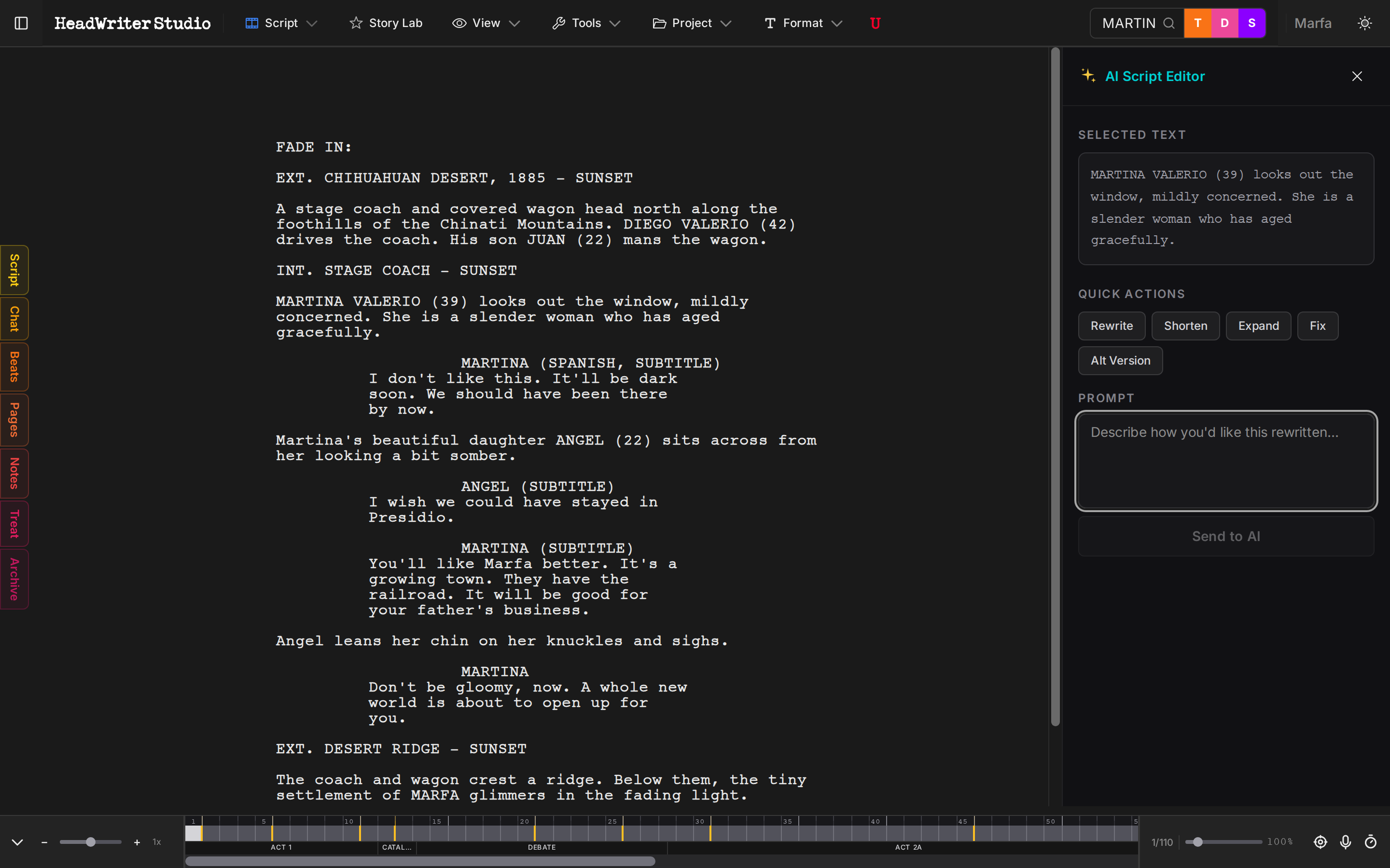 HeadWriter Studio - AI Script Editor panel open with selected text and Quick Actions