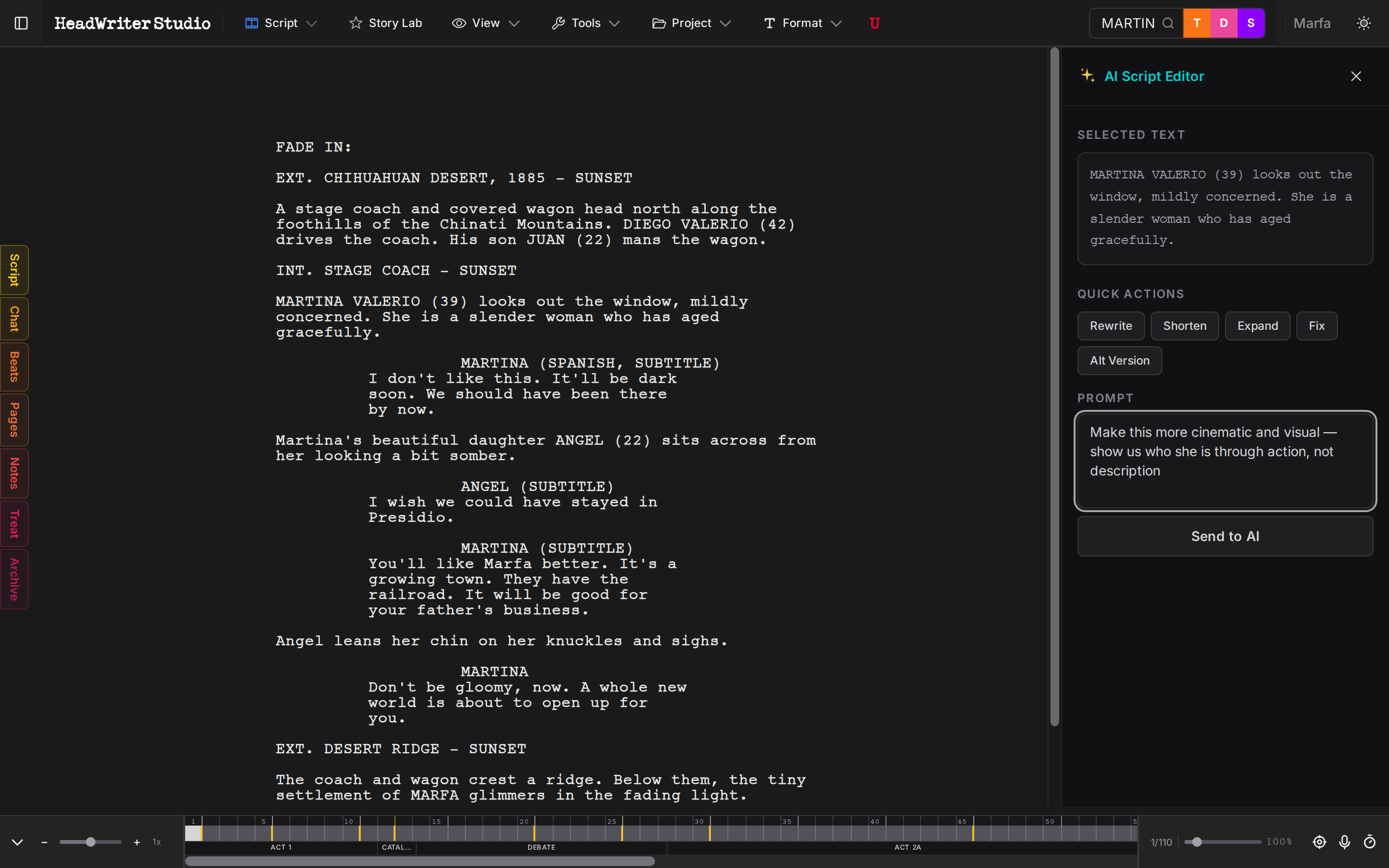 HeadWriter Studio - AI Script Editor with cinematic rewrite prompt ready to send