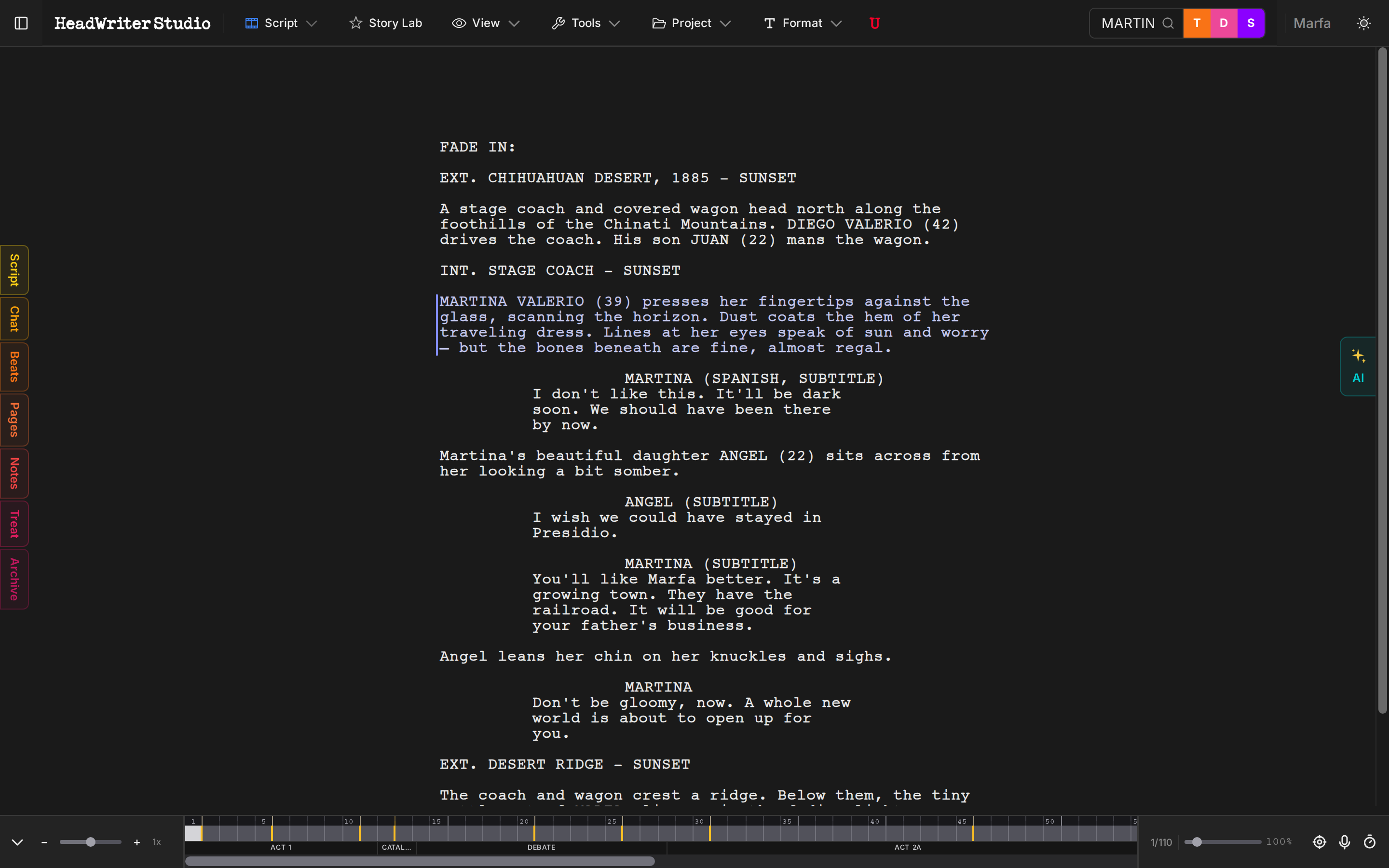 HeadWriter Studio - Script view after AI rewrite applied