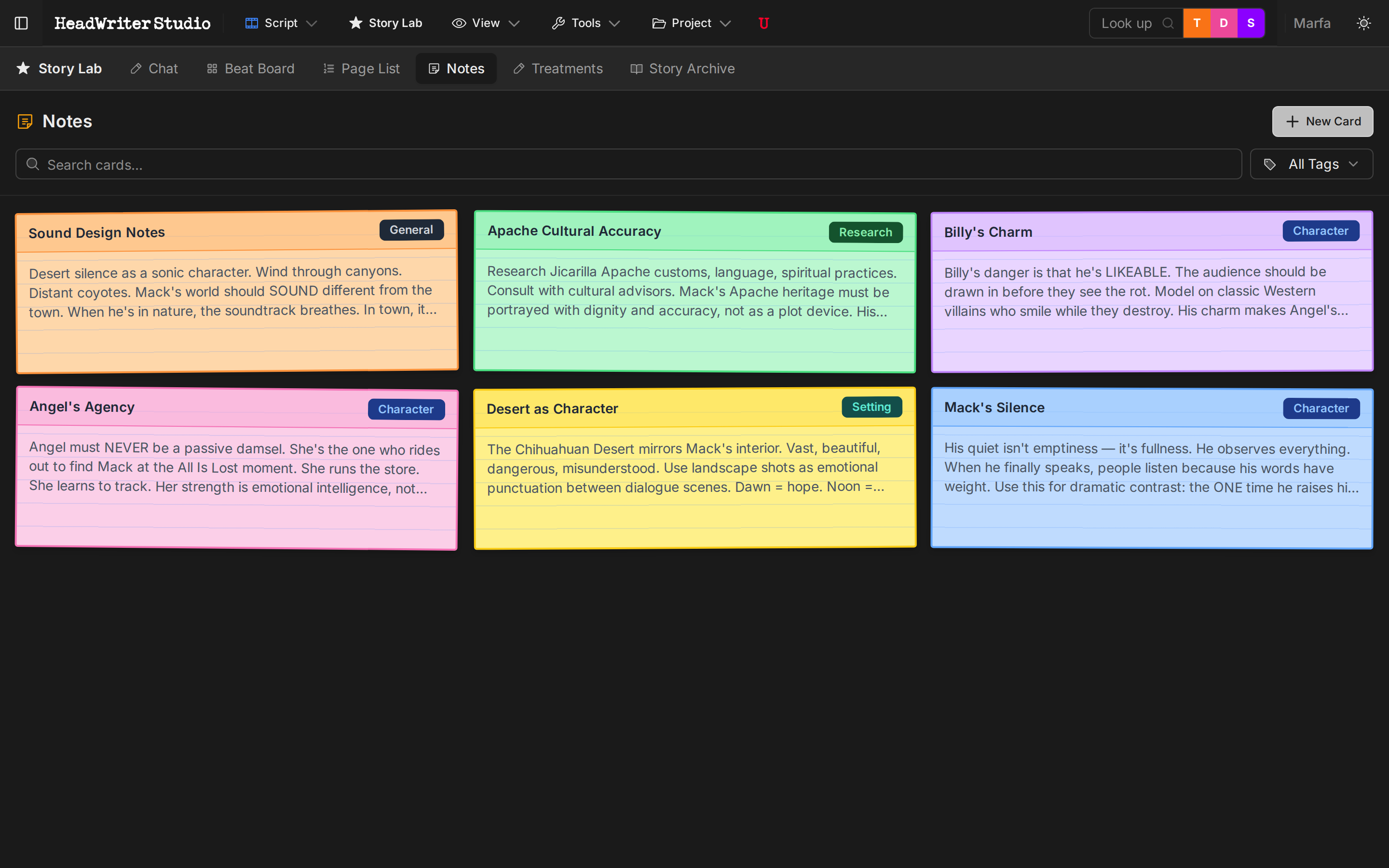 Story Lab Notes — colorful index cards for story ideas