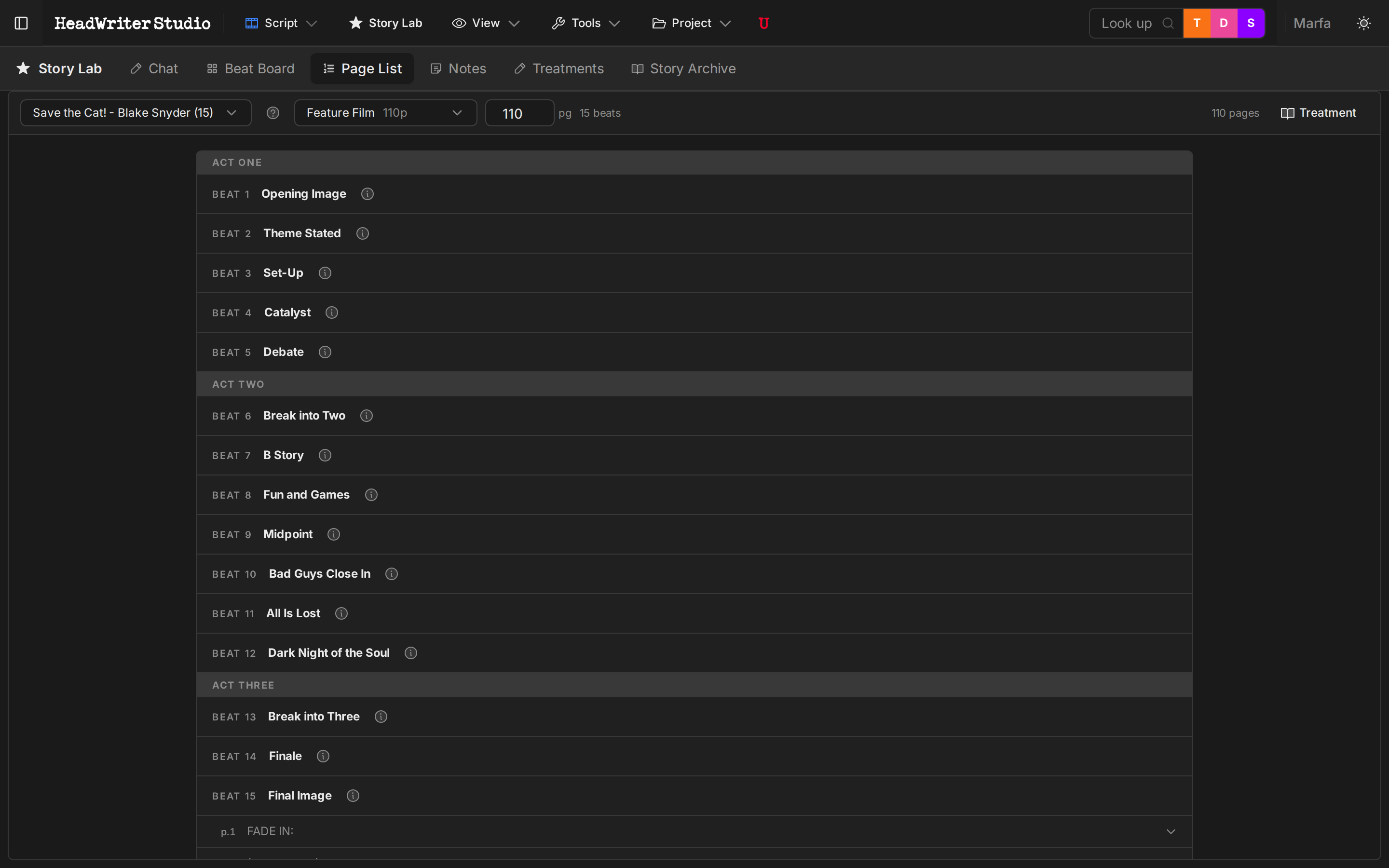 Story Lab Page List — page-by-page beat scaffold