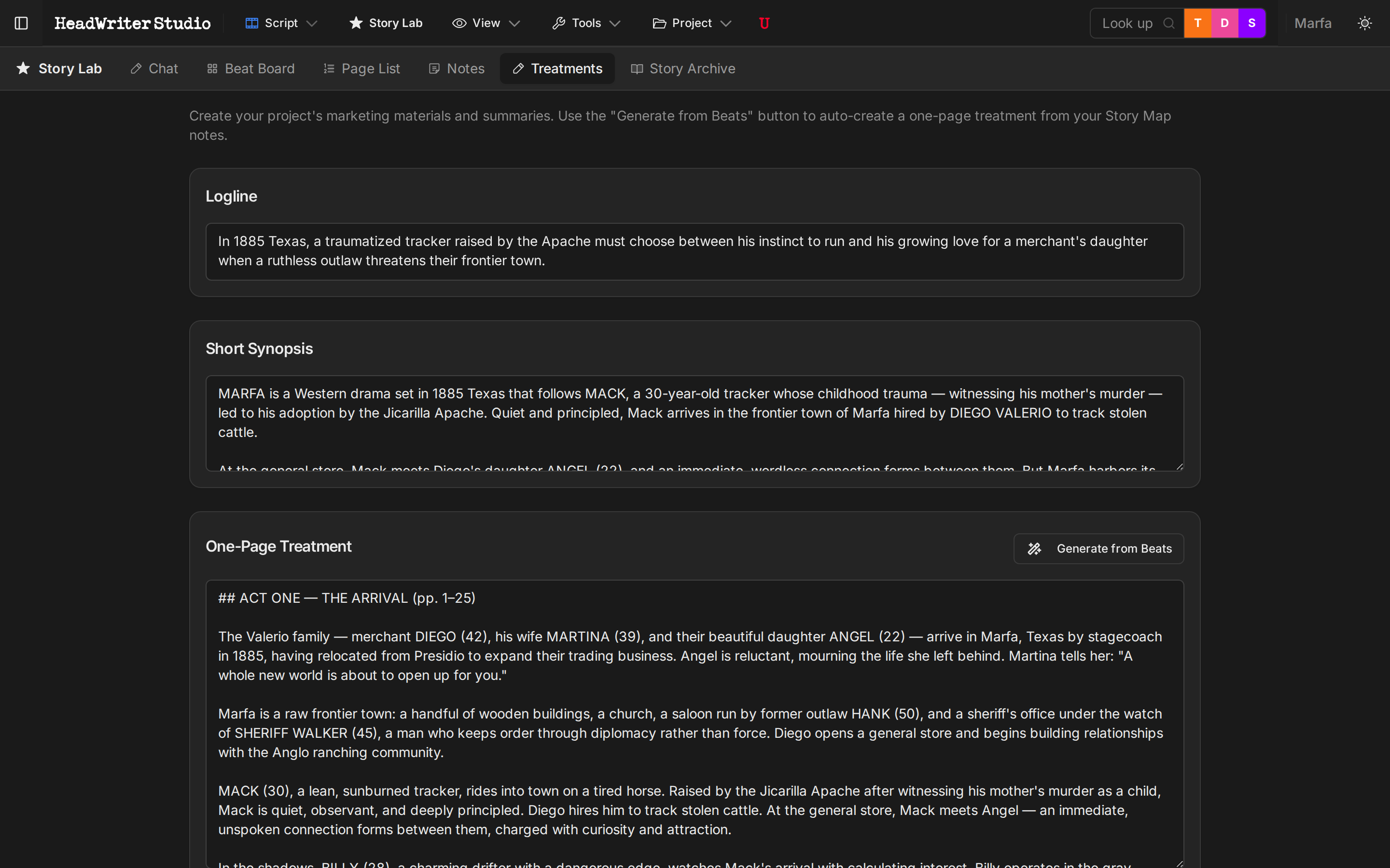 Story Lab Treatments — logline, synopsis, one-page treatment